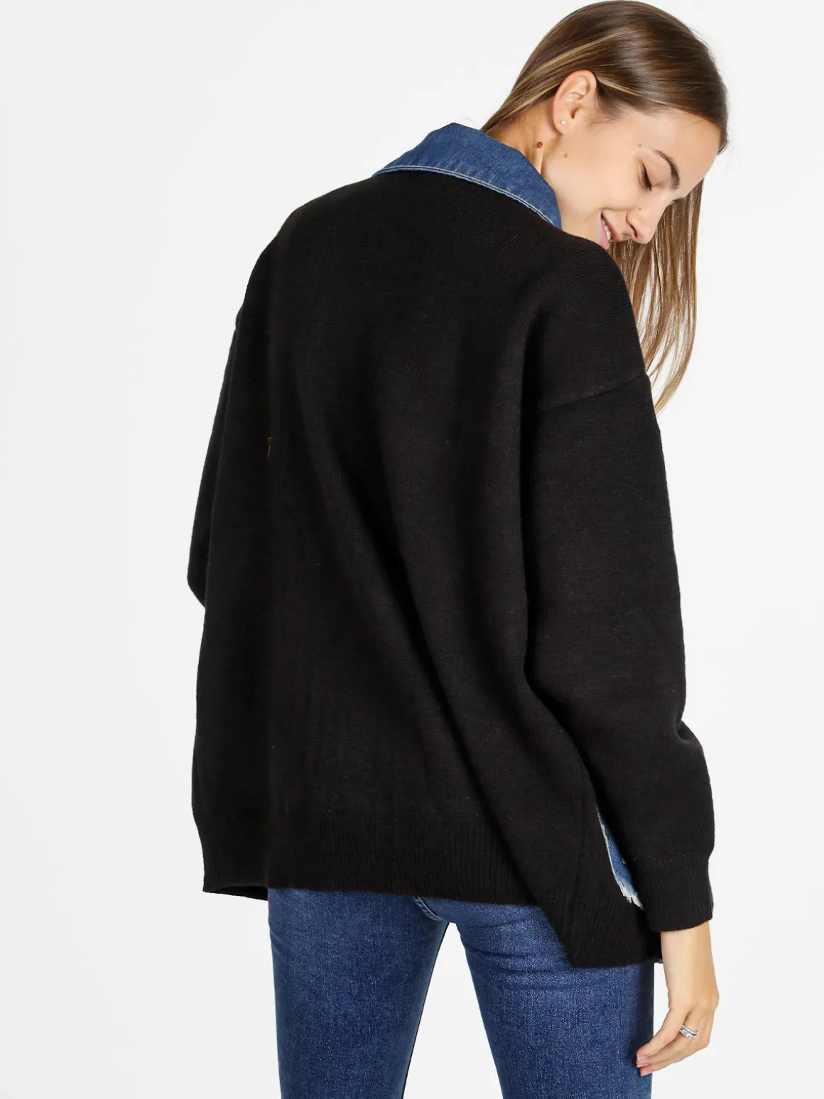 Solada Cardigan donna in maglia con inserti jeans - nero