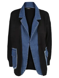Solada Cardigan donna in maglia con inserti jeans - nero