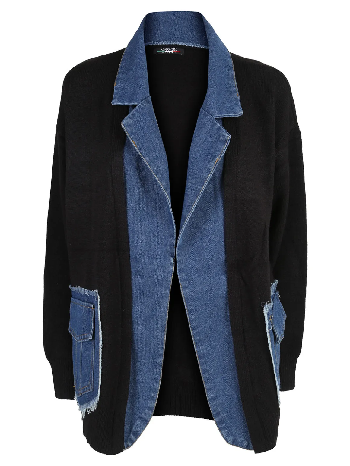 Solada Cardigan donna in maglia con inserti jeans - nero