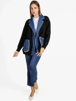 Solada Cardigan donna in maglia con inserti jeans - nero