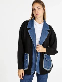 Solada Cardigan donna in maglia con inserti jeans - nero