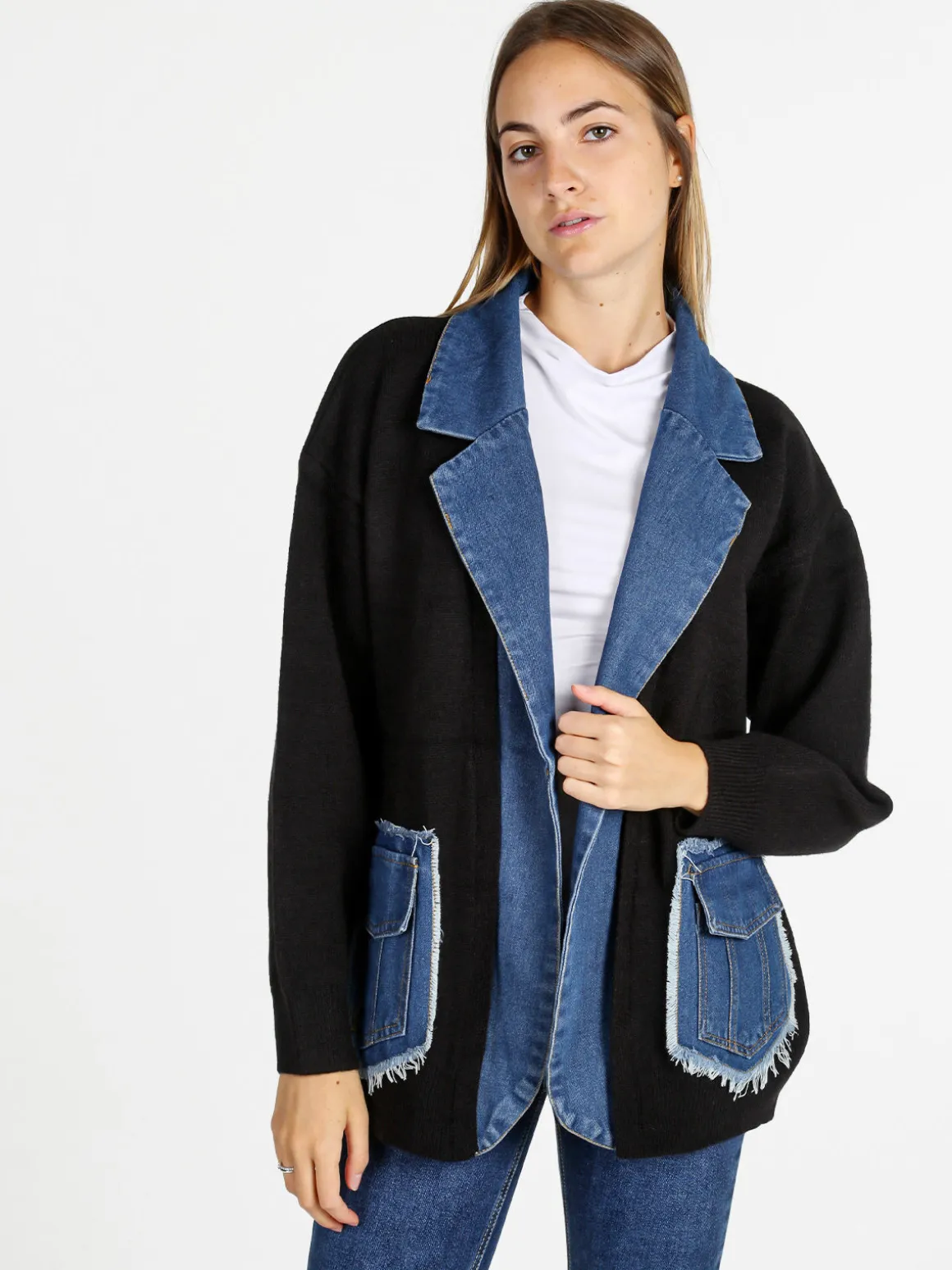 Solada Cardigan donna in maglia con inserti jeans - nero
