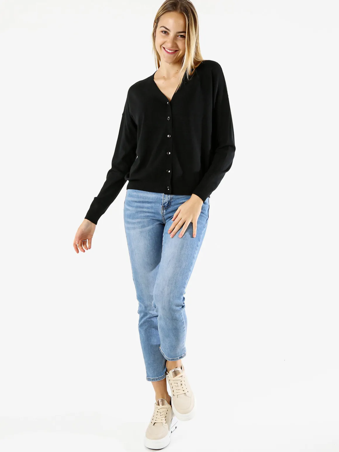 Solada Cardigan donna in maglia con inserti jeans - panna