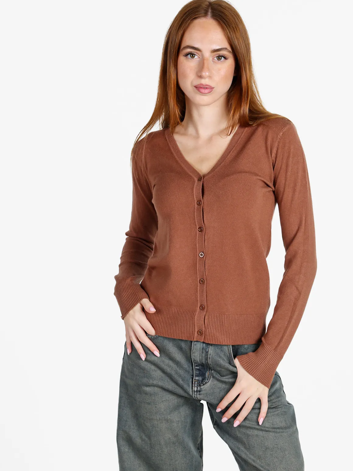 Solada Cardigan donna in maglia con bottoni - cuoio