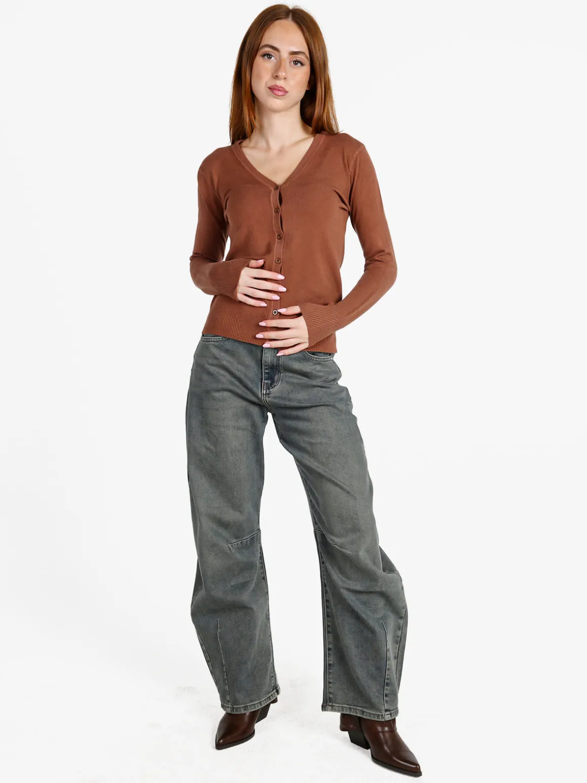 Solada Cardigan donna in maglia con bottoni - cuoio