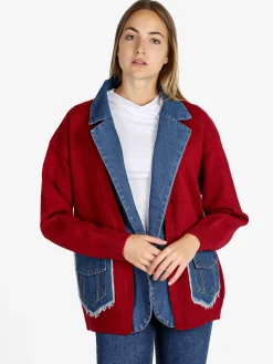 Solada Cardigan donna in maglia con inserti jeans - bordeaux