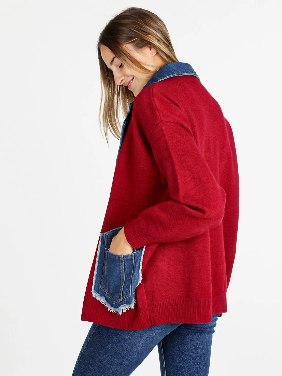 Solada Cardigan donna in maglia con inserti jeans - bordeaux