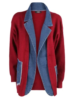 Solada Cardigan donna in maglia con inserti jeans - bordeaux