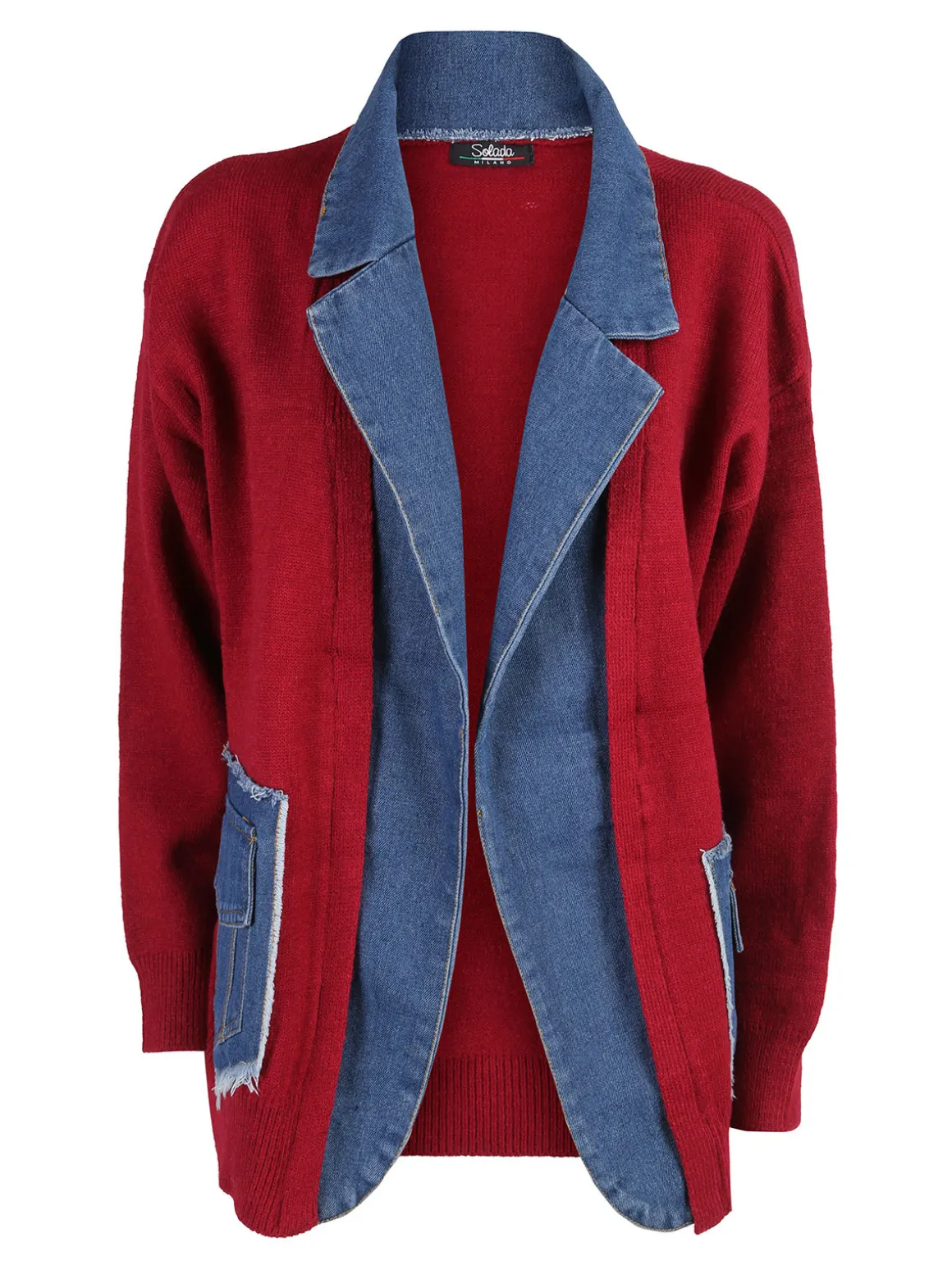 Solada Cardigan donna in maglia con inserti jeans - bordeaux