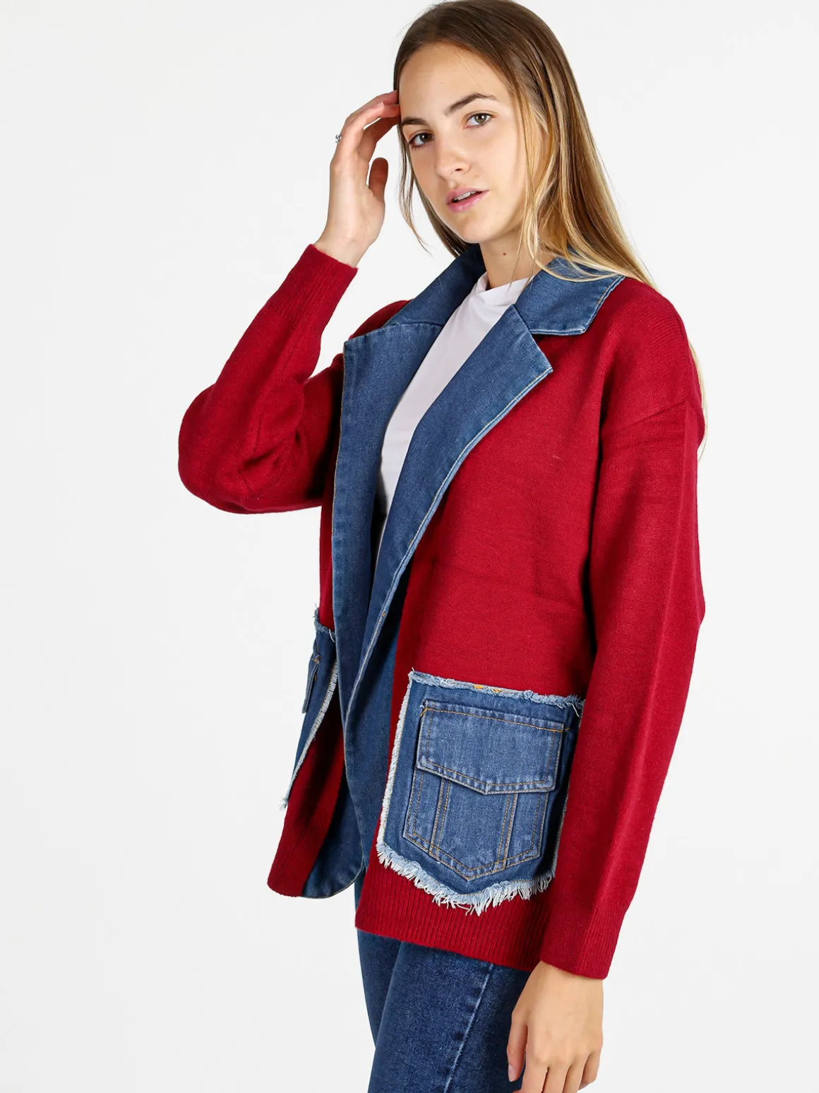 Solada Cardigan donna in maglia con inserti jeans - bordeaux