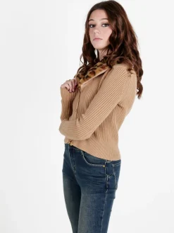 Solada Cardigan donna in maglia con colletto animalier in pelliccia sintetica