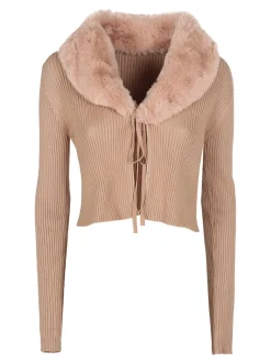 Solada Cardigan donna in maglia a costine con scollo in pelliccia sintetica