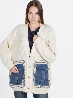 Solada Cardigan donna ovesize in maglia con tasche in jeans