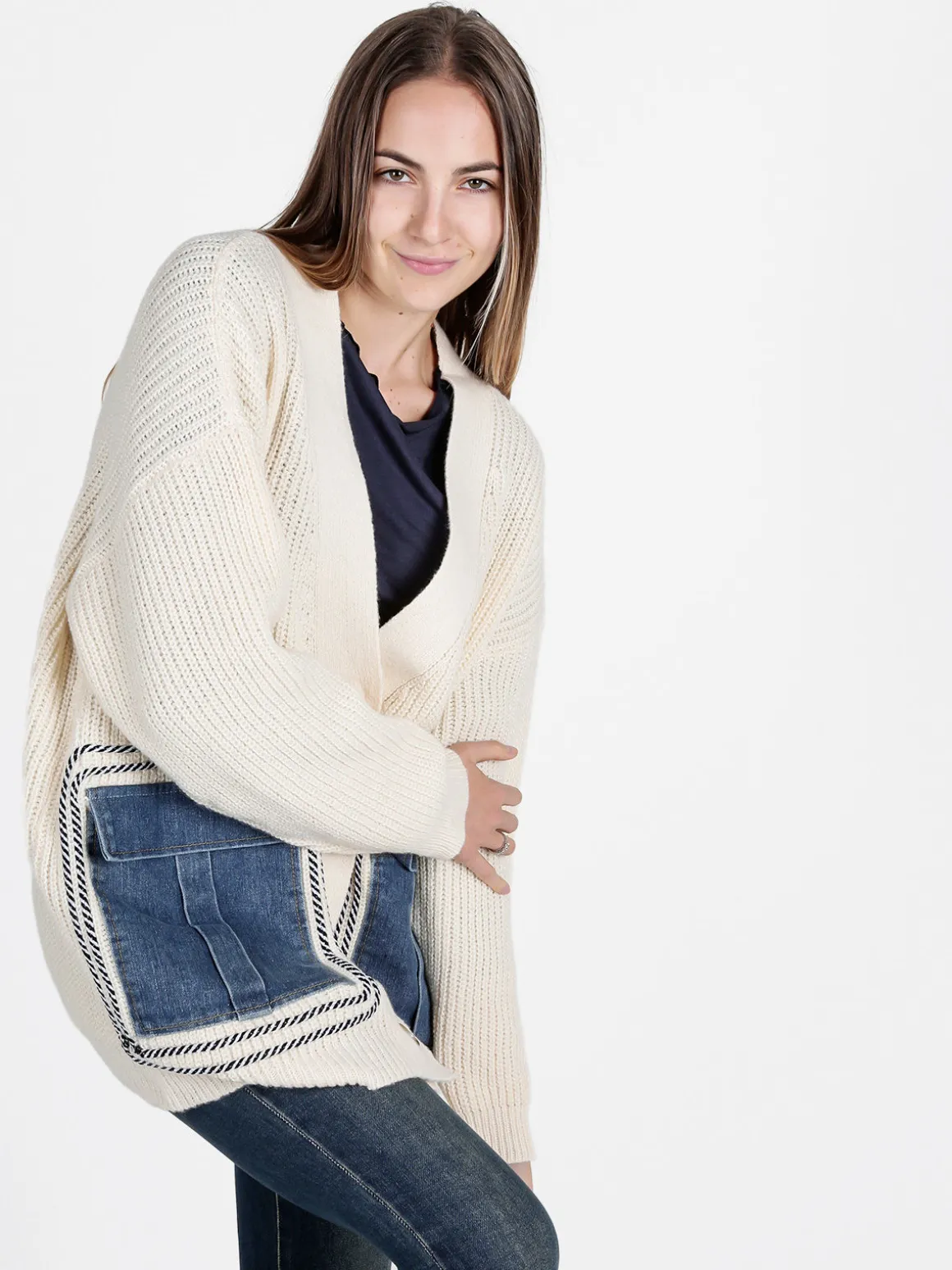 Solada Cardigan donna ovesize in maglia con tasche in jeans