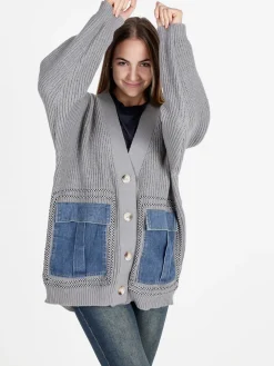 Solada Cardigan donna ovesize in maglia con tasche in jeans