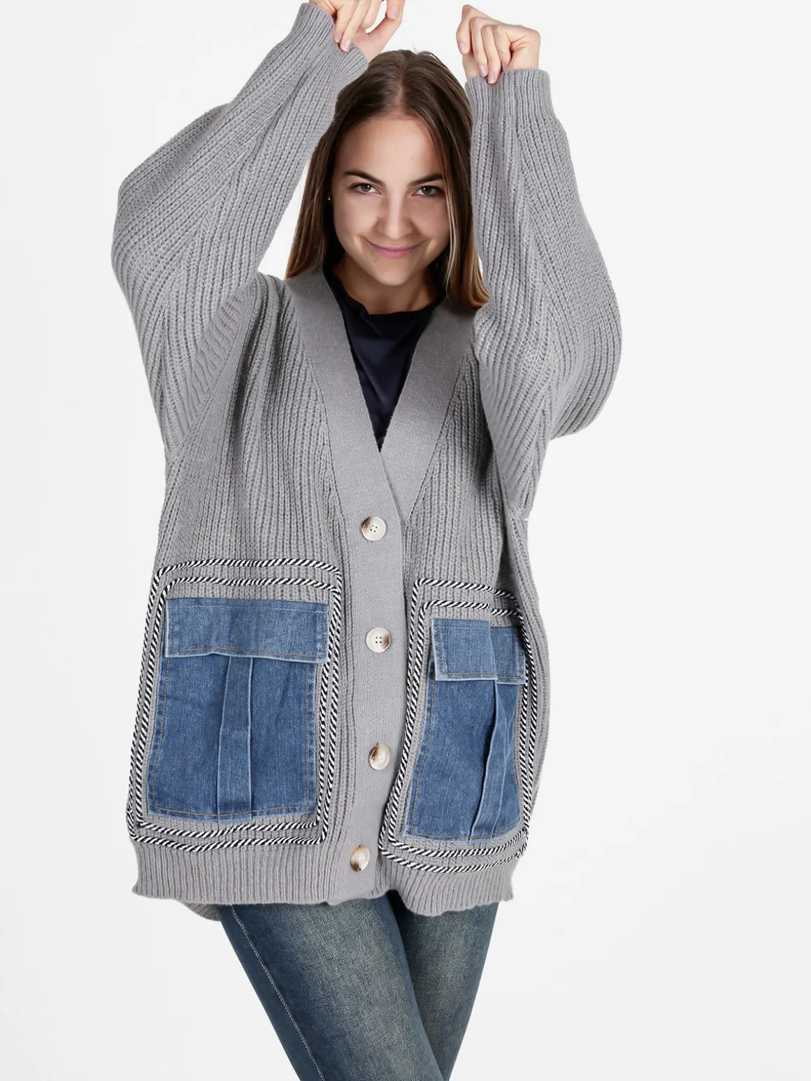 Solada Cardigan donna ovesize in maglia con tasche in jeans