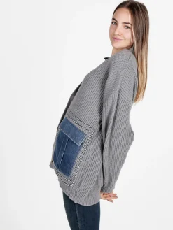 Solada Cardigan donna ovesize in maglia con tasche in jeans
