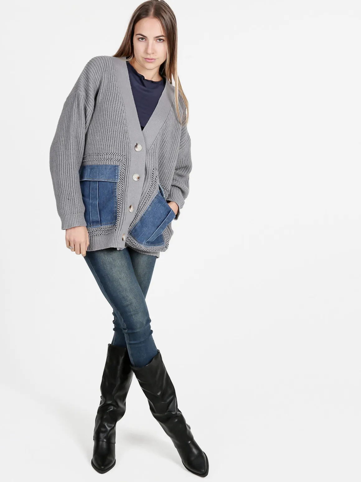Solada Cardigan donna ovesize in maglia con tasche in jeans