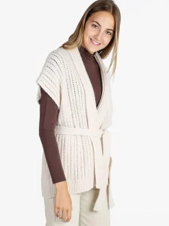 Solada Cardigan donna smanicato in maglia traforata con cintura - beige