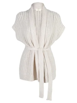 Solada Cardigan donna smanicato in maglia traforata con cintura - beige
