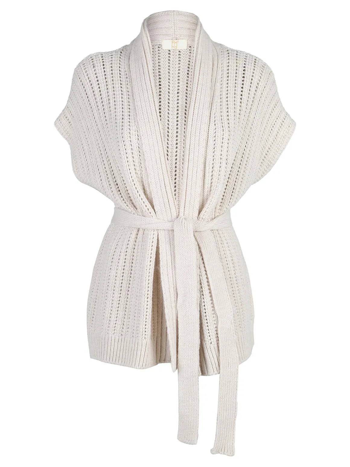 Solada Cardigan donna smanicato in maglia traforata con cintura - beige