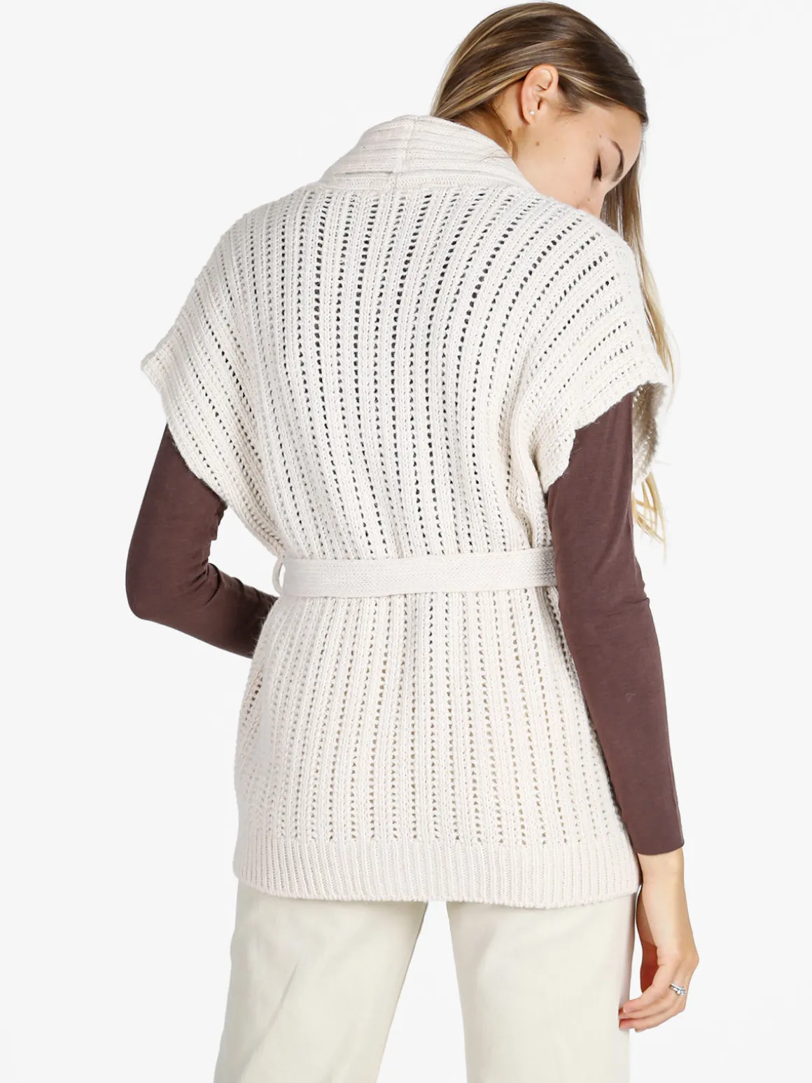 Solada Cardigan donna smanicato in maglia traforata con cintura - beige