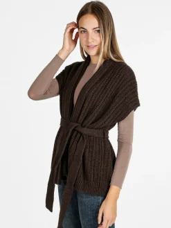 Solada Cardigan donna smanicato in maglia traforata con cintura - bordeaux