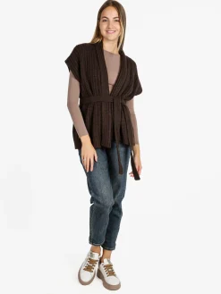 Solada Cardigan donna smanicato in maglia traforata con cintura - bordeaux