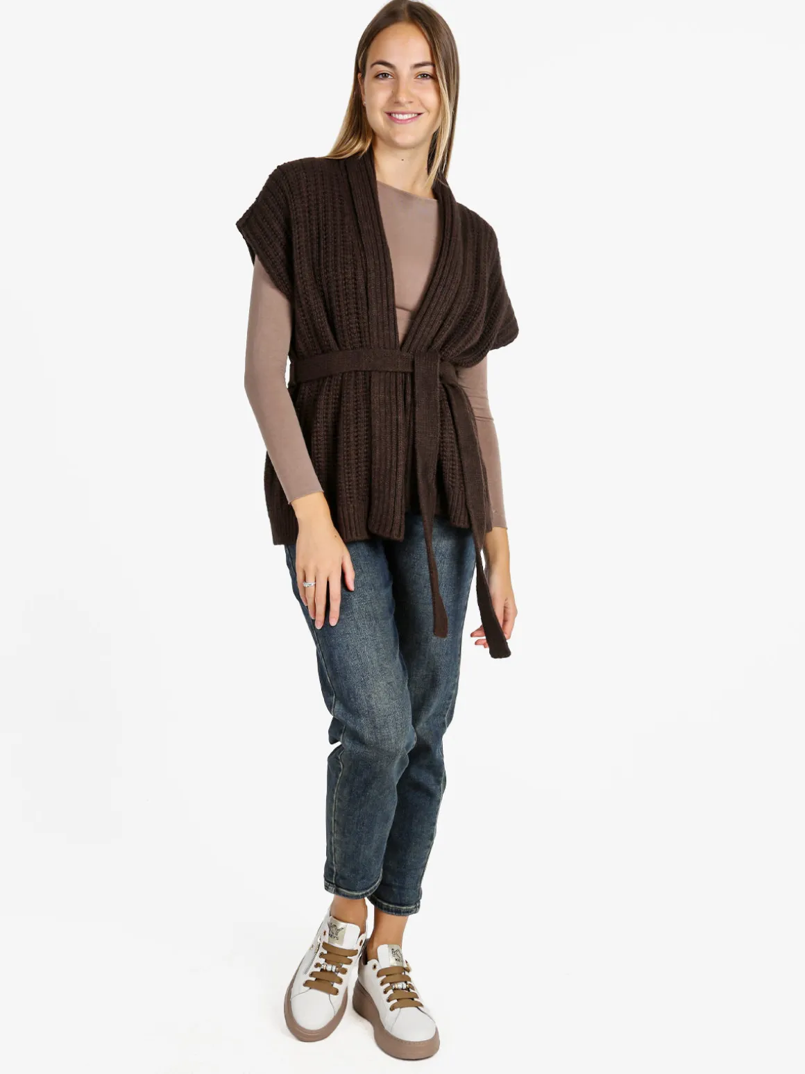 Solada Cardigan donna smanicato in maglia traforata con cintura - moro
