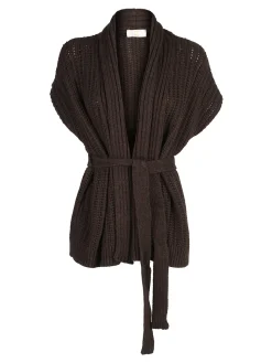 Solada Cardigan donna smanicato in maglia traforata con cintura - moro