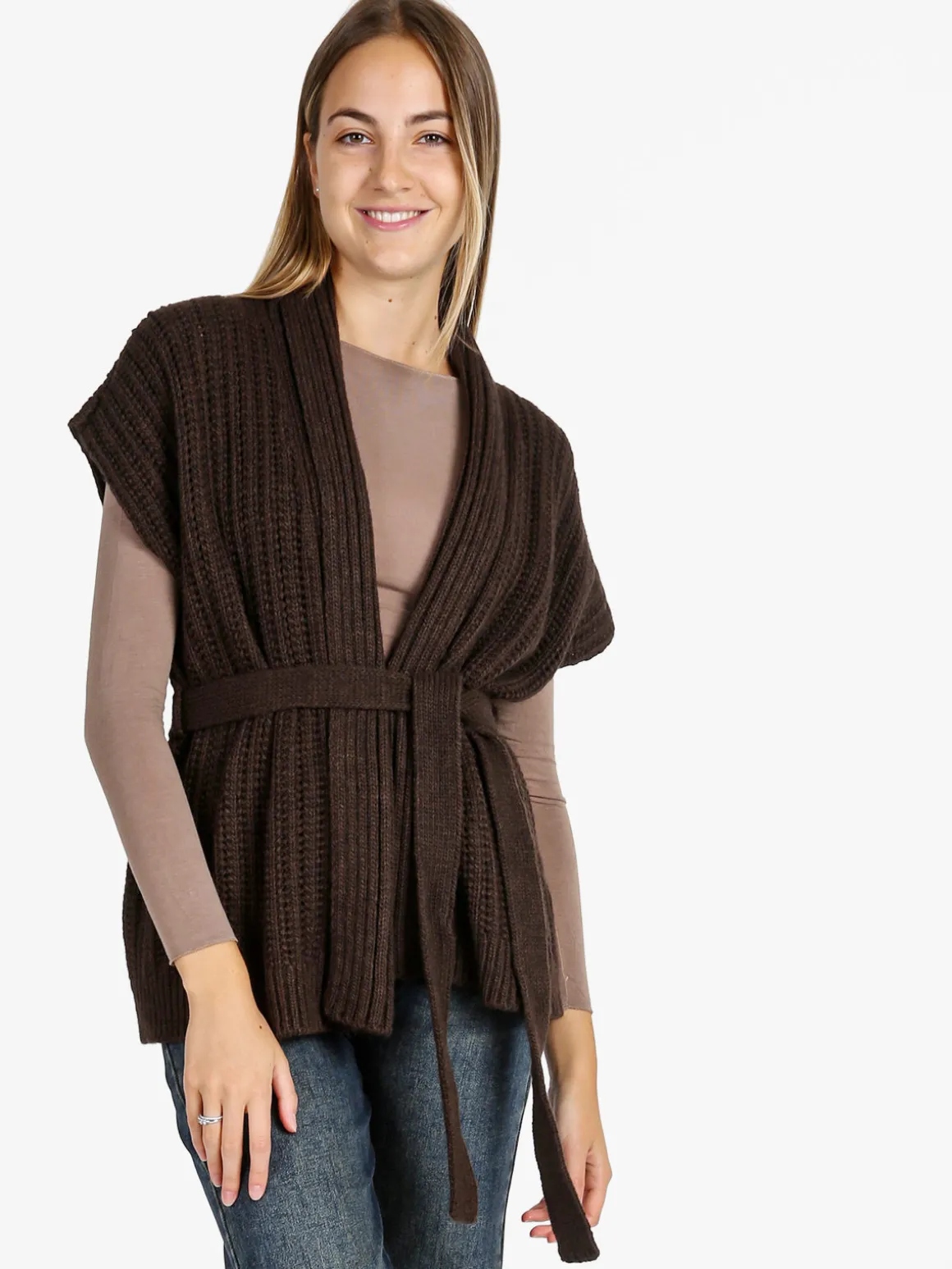 Solada Cardigan donna smanicato in maglia traforata con cintura - moro