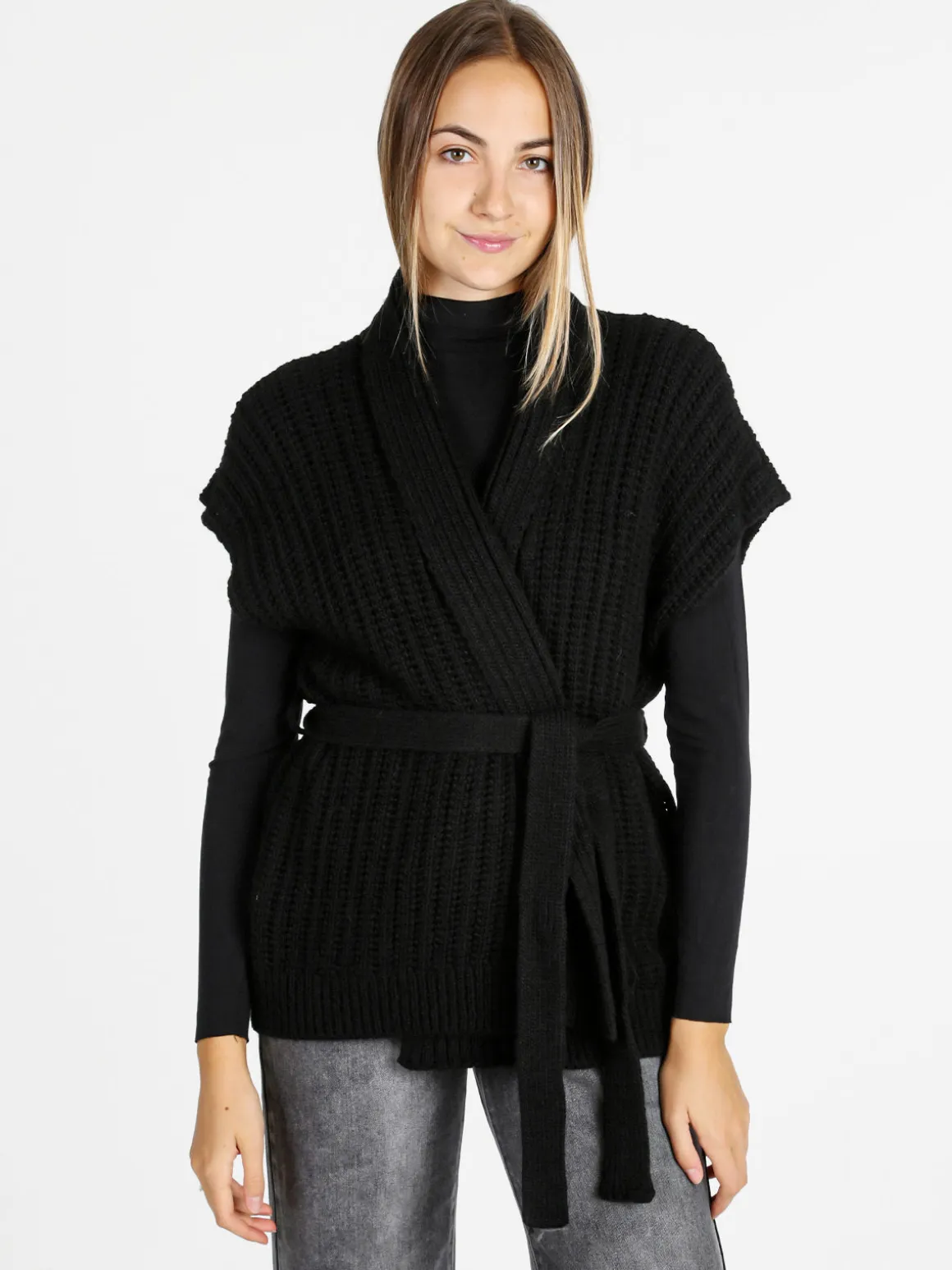 Solada Cardigan donna smanicato in maglia traforata con cintura - nero