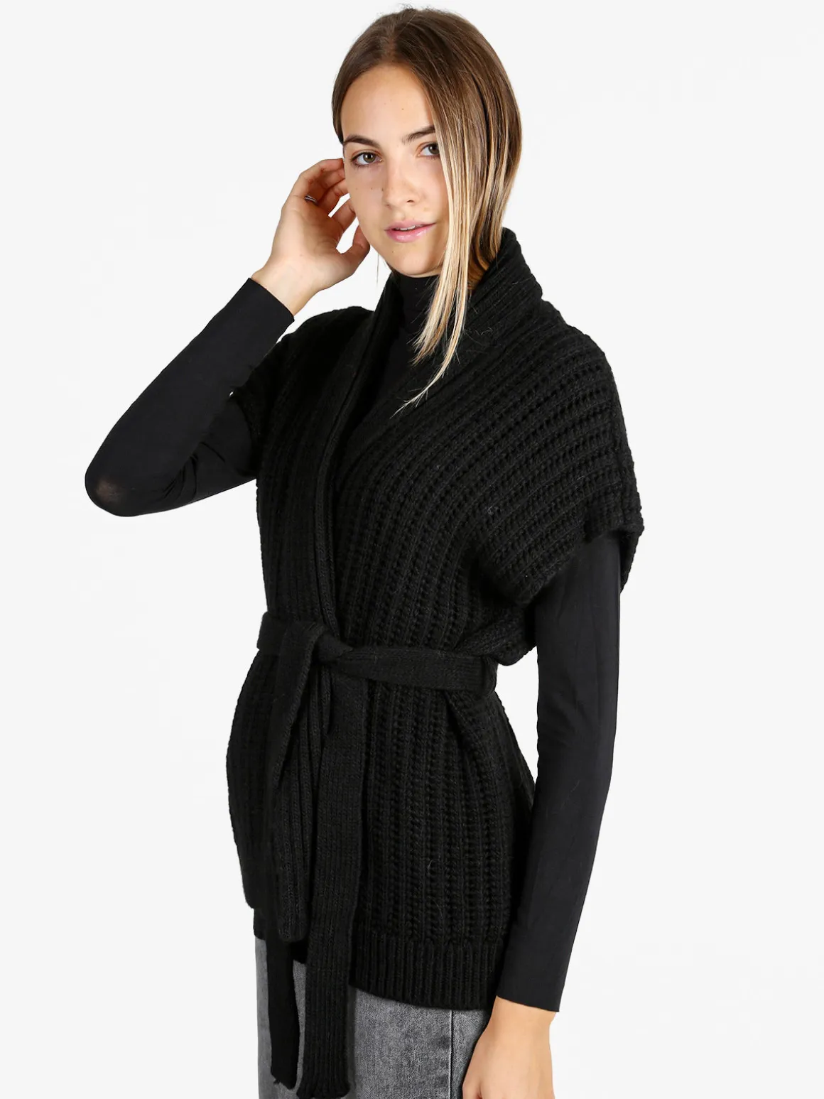 Solada Cardigan donna smanicato in maglia traforata con cintura - nero