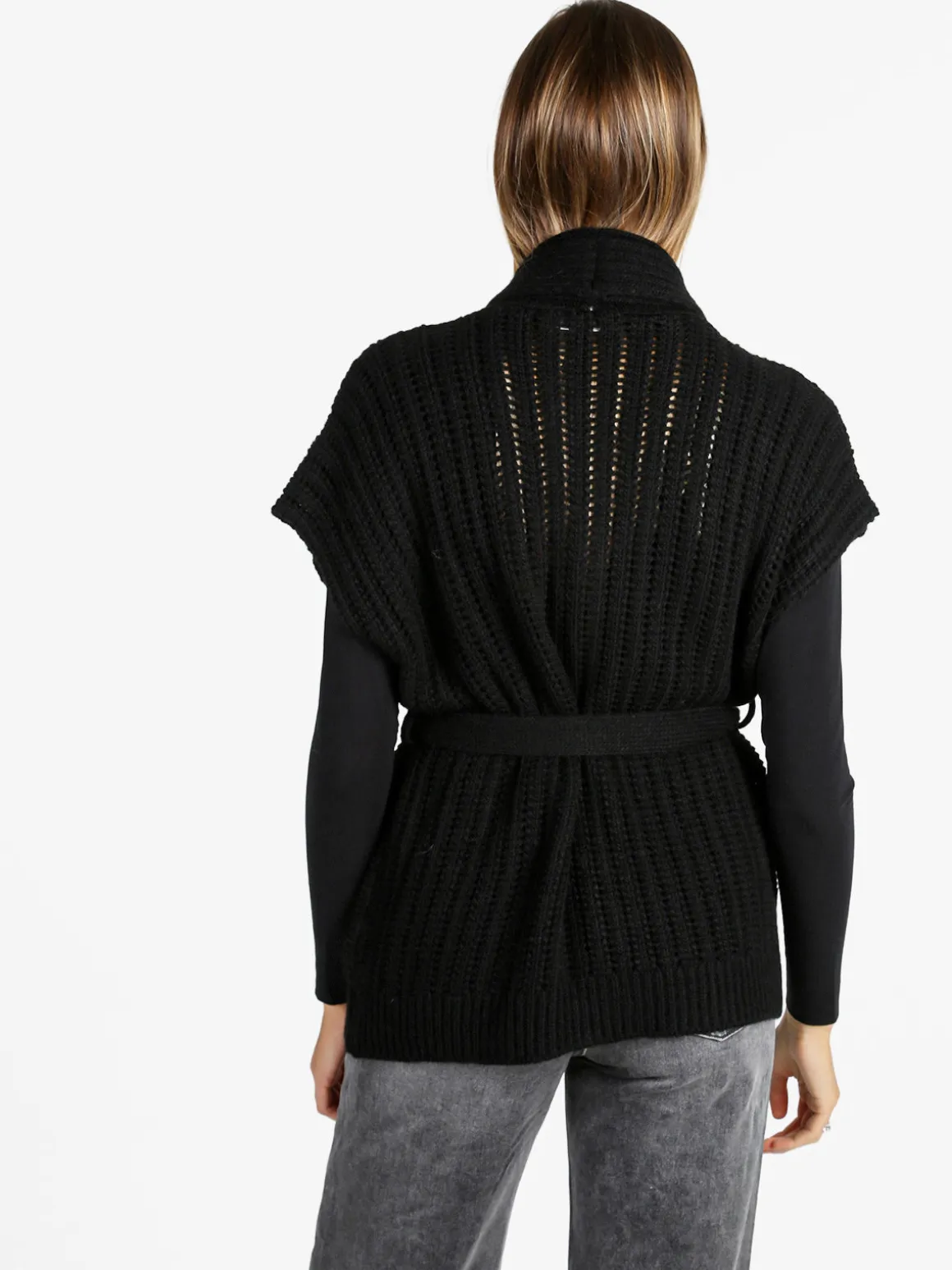 Solada Cardigan donna smanicato in maglia traforata con cintura - nero