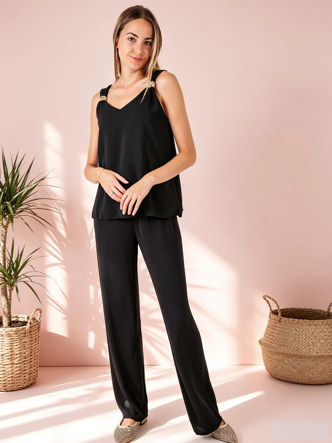 Solada Completo casual da donna con top e pantaloni a gamba larga - nero