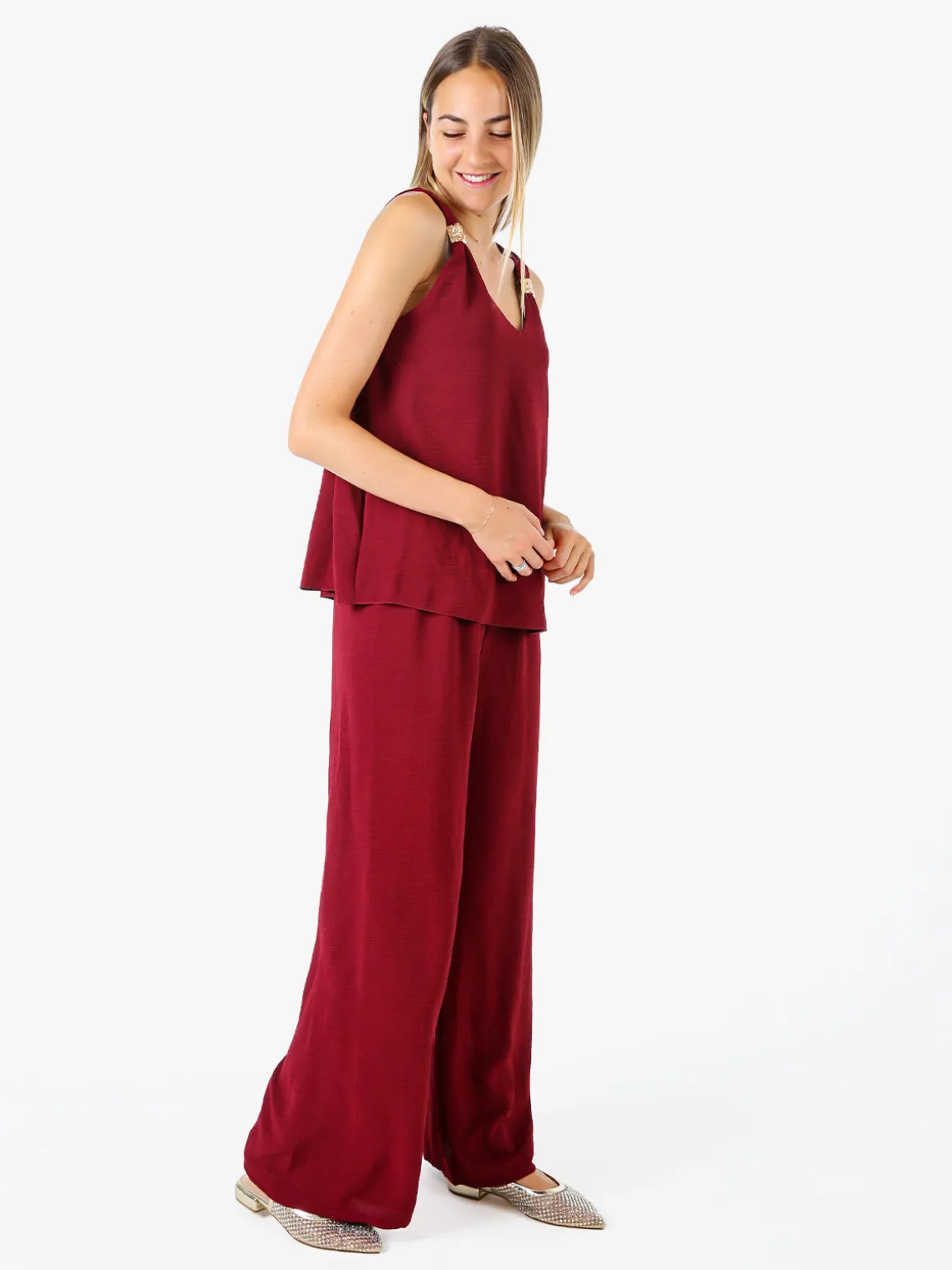 Solada Completo casual da donna con top e pantaloni a gamba larga - bordeaux