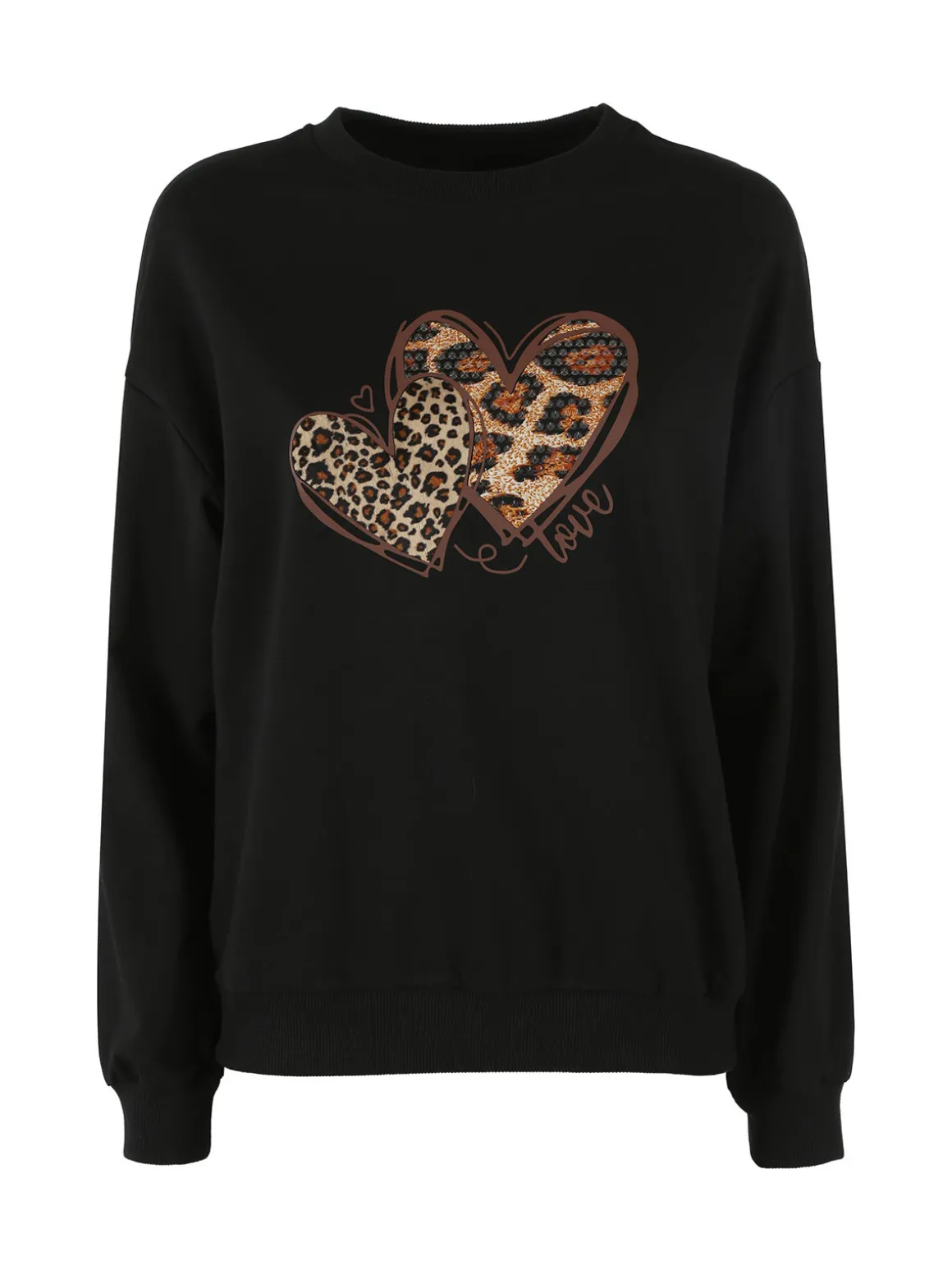 Solada Felpa donna girocollo con stampa cuori animalier - nero