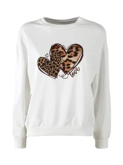 Solada Felpa donna girocollo con stampa cuori animalier - bianco