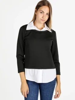 Solada Felpa donna girocollo con dettagli a camicia - nero