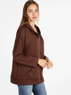 Solada Felpa donna oversize con cappuccio e zip - moro
