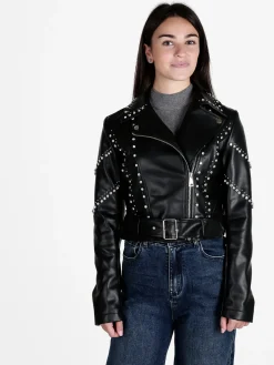 Solada Giacca biker in ecopelle da donna con strass
