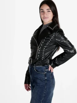 Solada Giacca biker in ecopelle da donna con strass