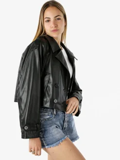 Solada Giacca cropped in ecopelle da donna con chiusura a doppiopetto - nero