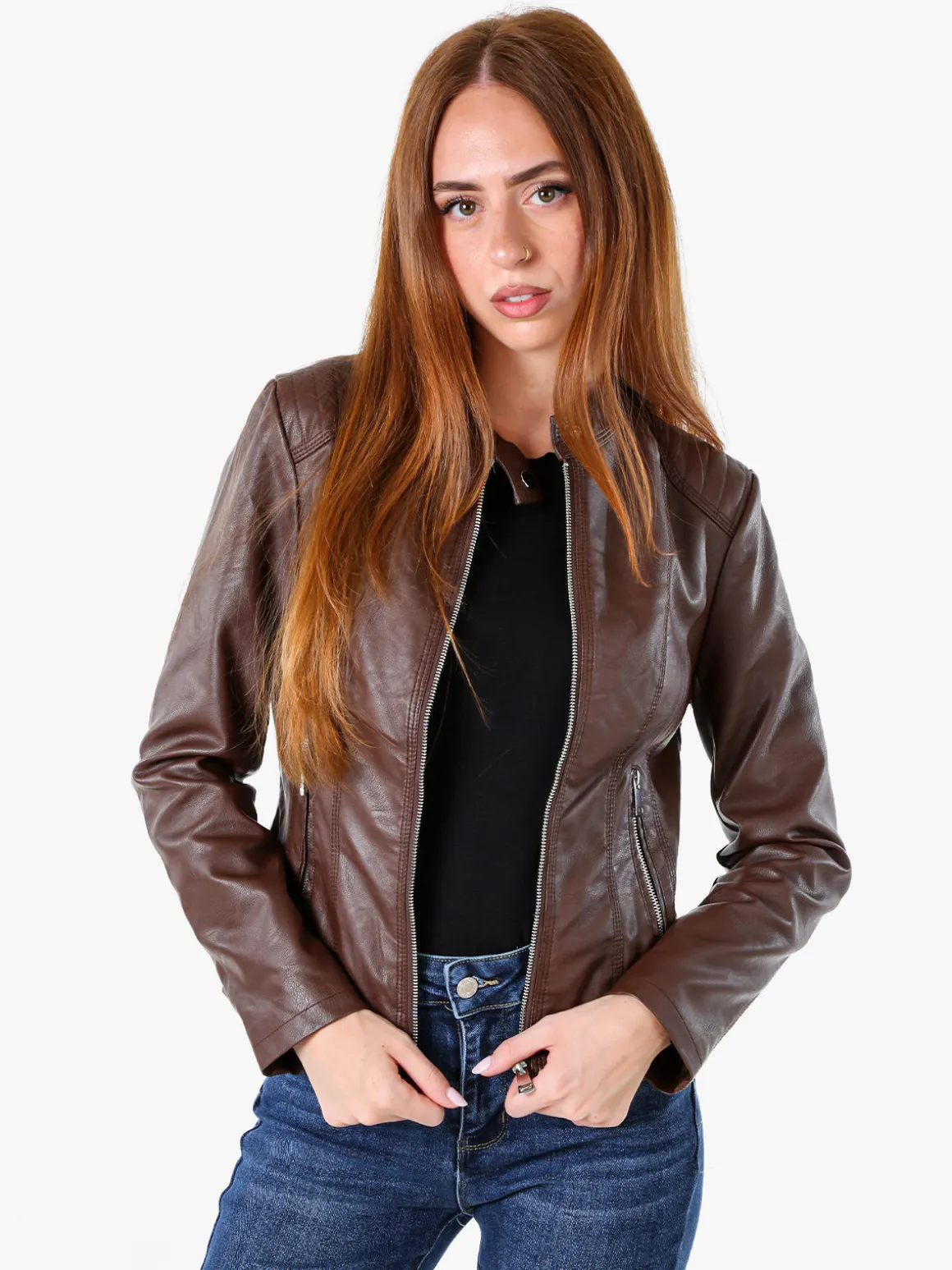 Solada Giacca da donna in ecopelle con zip - marrone