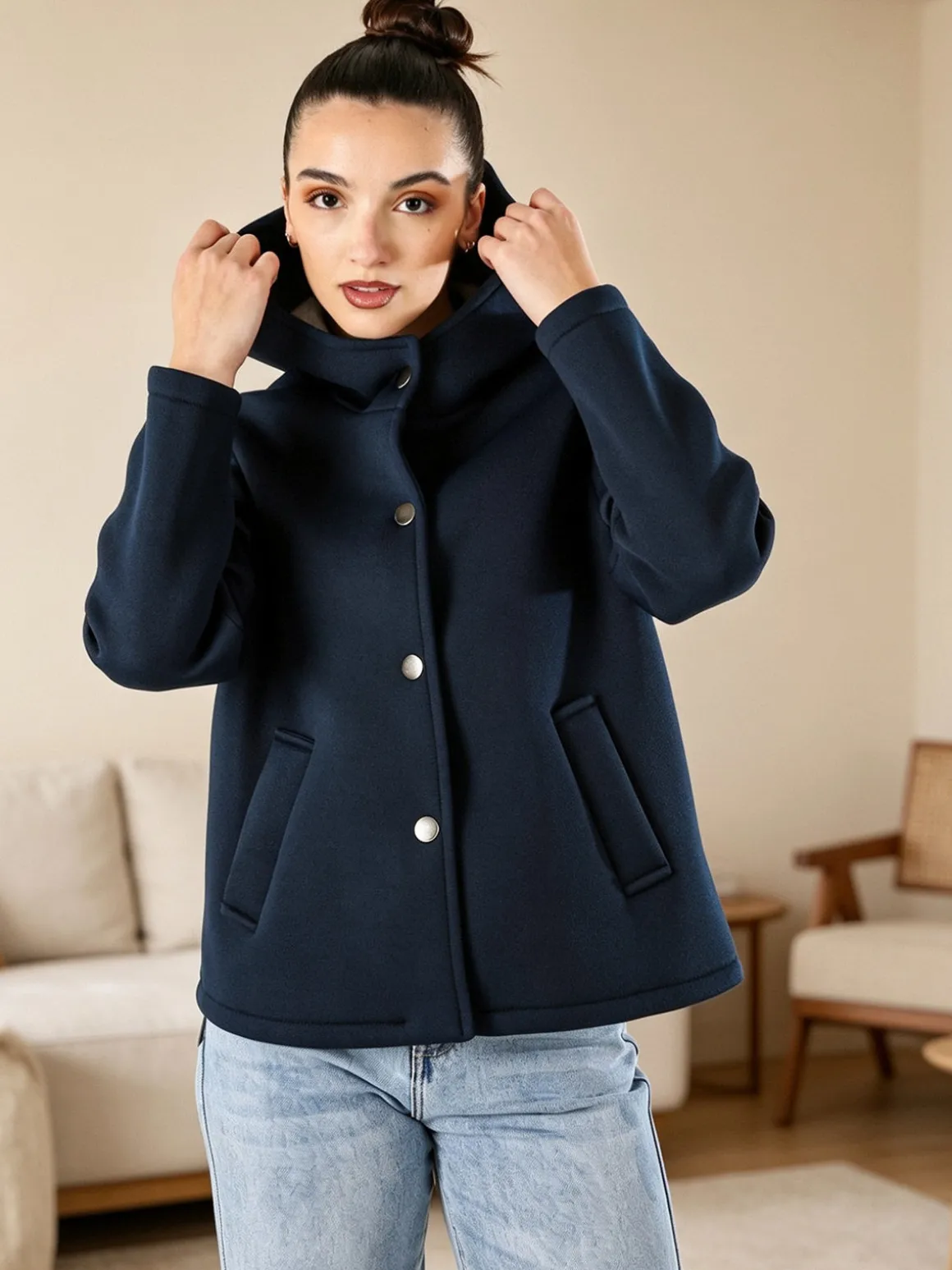 Solada Giacca da donna in panno con bottoni e cappuccio - blu scuro