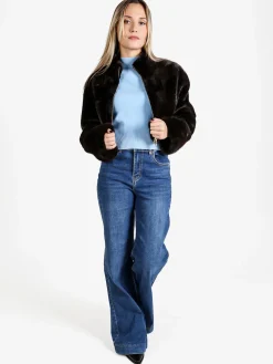 Solada Giacca donna cropped in pelliccia sintetica con coulisse - moro