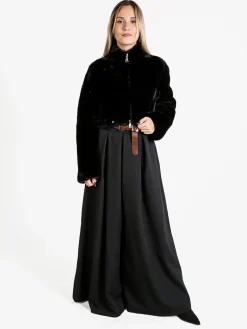 Solada Giacca donna cropped in pelliccia sintetica con coulisse - nero