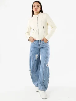 Solada Giacca donna in ecopelle con zip - panna