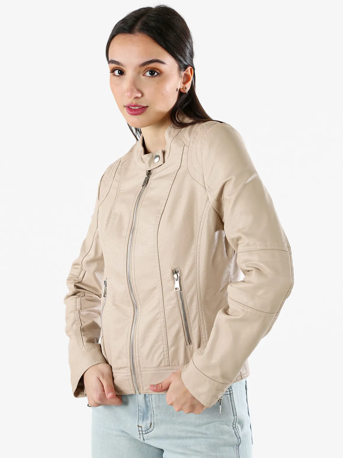 Solada Giacca donna in ecopelle con zip - beige