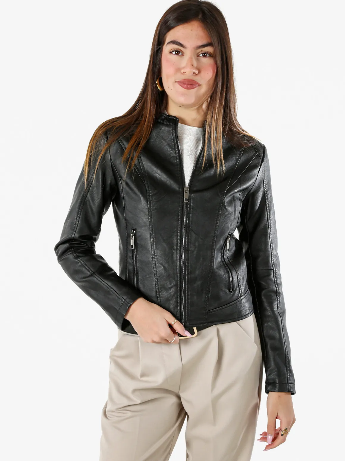 Solada Giacca donna in ecopelle con zip - nero